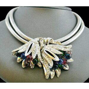 Vintage 30/40s Unique Rhodium Plated Rhinestone & Glass Flower Coil Necklace